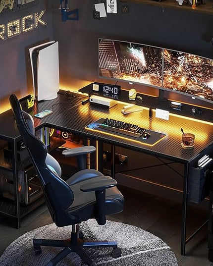ODK 58 Inch Gaming Desk with USB Charging Ports and LED Lights, Reversible L Shaped Computer Desk with Storage Shelves & Monitor Stand, Corner Gamer Desk Table with Power Outlets, Carbon Fiber Black - LeafyLoom