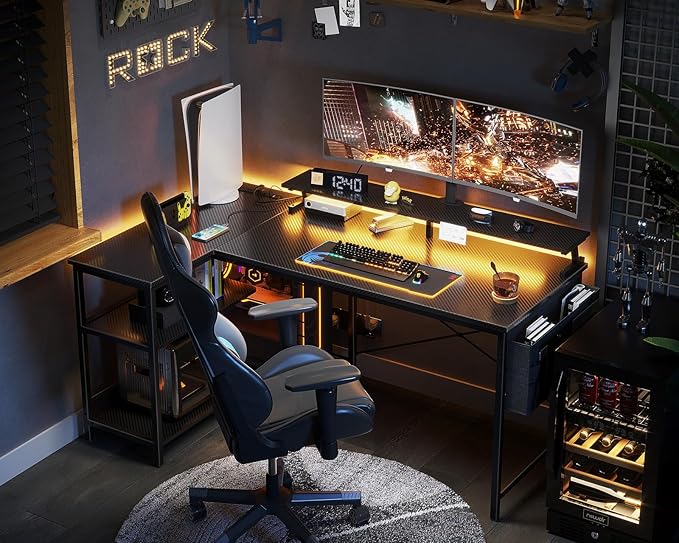 ODK 58 Inch Gaming Desk with USB Charging Ports and LED Lights, Reversible L Shaped Computer Desk with Storage Shelves & Monitor Stand, Corner Gamer Desk Table with Power Outlets, Carbon Fiber Black - LeafyLoom