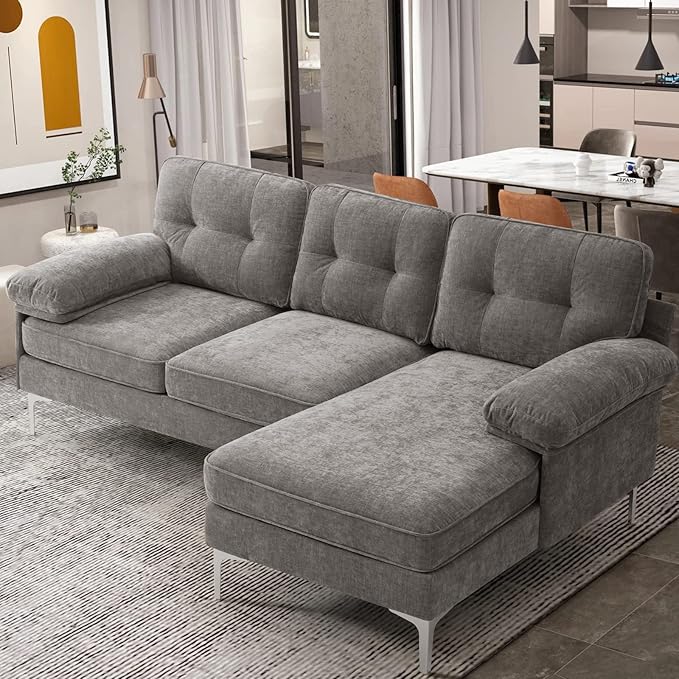 EASELAND 82" L-Shape Sofa with Reversible Chaise Lounge, Convertible Sectional Sofa Couch, Chenille Modern Sofa Couch for Living Room, Apartment and Office, Removable Cover (Grey) - LeafyLoom