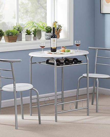 VECELO 3-Piece Dining Table Set for Kitchen Breakfast Nook, Wood Grain Oval Tabletop and Metal Frame with Built-in Wine Rack, for Small Spaces, 31.5", White & Silver - LeafyLoom
