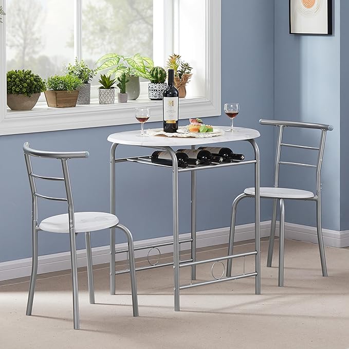 VECELO 3-Piece Dining Table Set for Kitchen Breakfast Nook, Wood Grain Oval Tabletop and Metal Frame with Built-in Wine Rack, for Small Spaces, 31.5", White & Silver - LeafyLoom