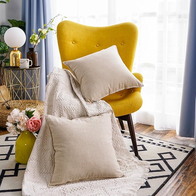 Jeanerlor Pack of 2 Natural Cotton Linen Soild Yellow Decorative Square 24 x 24 Inch Throw Pillow Covers Set Cushion Case for Bedroom/Sofa/Car(60 x 60cm) Light Linen - LeafyLoom