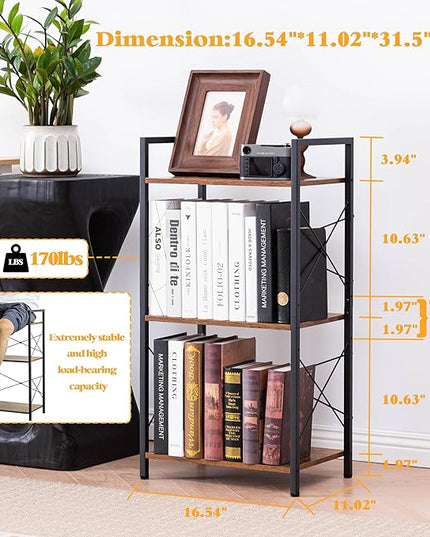 HCHQHS Small Bookshelf, Adjustable 3-Tier Industrial Bookcase, Rustic Open Book Shelf, Wood and Metal Horizontal Bookshelves - LeafyLoom