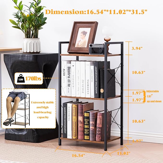HCHQHS Small Bookshelf, Adjustable 3-Tier Industrial Bookcase, Rustic Open Book Shelf, Wood and Metal Horizontal Bookshelves - LeafyLoom