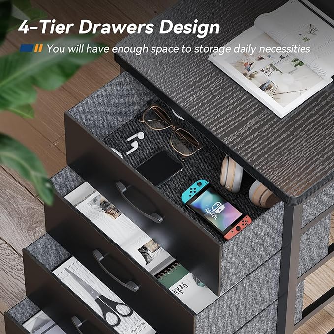 KKL 55 inch L Shaped Computer Desk with USB Charging Port & Power Outlet, L-Shaped Corner Desk with 4 Tier Drawer & Monitor Shelf for Home Office Workstation, Modern Style Writing Table, Black - LeafyLoom