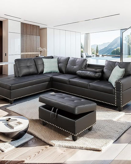 Faux Leather Sectional Sofa with Chaise Lounge, Storage Ottoman, 2 Cup Holders & Pillows, 6-Seater Upholstered Tufting Corner L Shape Couches for Living Room Furniture Sets, Apartment, 98" - LeafyLoom