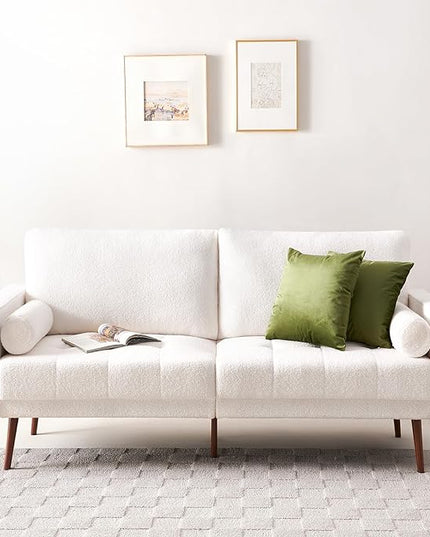 Vonanda Velvet Boucle Sofa Couch, Mid-Century 73 Inch 3 Seater Couch with Hand-Stitched Comfy Cushion and Bolster Pillows for Living Room, Elegant Boucle White - LeafyLoom