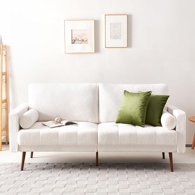 Vonanda Velvet Boucle Sofa Couch, Mid-Century 73 Inch 3 Seater Couch with Hand-Stitched Comfy Cushion and Bolster Pillows for Living Room, Elegant Boucle White - LeafyLoom