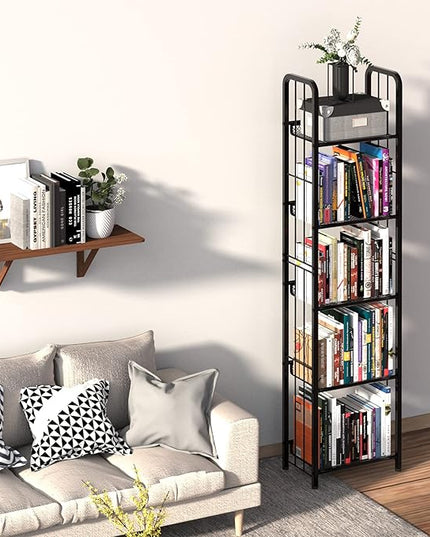 Bookshelf Storage Shelf Bookcase Freestanding Storage Stand for Living Room, Bedroom, Kitchen Rust Resistance Easy Assembly Free Combination Multi-Functional Organizer (5 Tiers, Black) - LeafyLoom