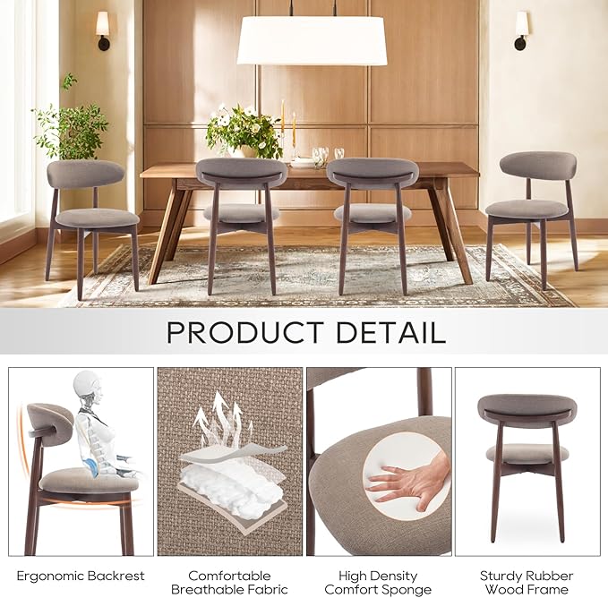COLAMY Wooden Dining Chairs Set of 6, Modern Fabric Upholstered Kitchen Side Chairs, Farmhouse Dining Room Chair with Foot Pegs, Camel - LeafyLoom