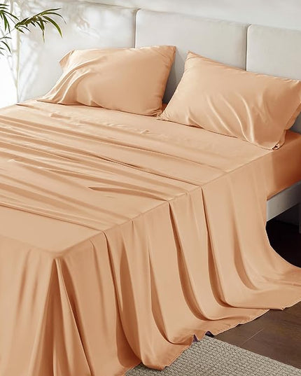 Bedsure Queen Sheets, Rayon Derived from Bamboo, Queen Cooling Sheet Set, Deep Pocket Up to 16", Breathable & Soft Bed Sheets, Hotel Luxury Silky Bedding Sheets & Pillowcases, Peach - LeafyLoom