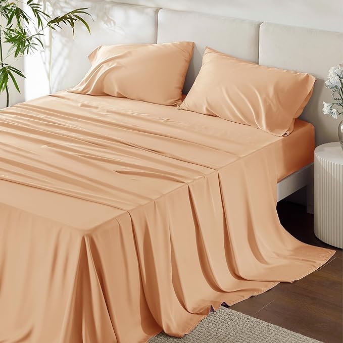 Bedsure King Size Sheet Set, Cooling Sheets King, Rayon Derived from Bamboo, Deep Pocket Up to 16", Breathable & Soft Bed Sheets, Hotel Luxury Silky Bedding Sheets & Pillowcases, Peach - LeafyLoom