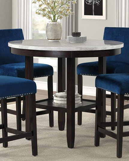 New Classic Furniture Celeste 5-Piece Faux Marble Round Counter Set with 1 Table and 4 Chairs, 42-Inch, Black - LeafyLoom