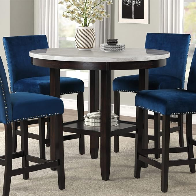 New Classic Furniture Celeste 5-Piece Faux Marble Round Counter Set with 1 Table and 4 Chairs, 42-Inch, Black - LeafyLoom