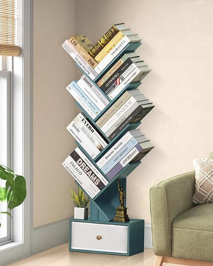 8 Tier Tree Bookshelf with Drawer, Free Standing Wood Bookcase for Narrow Space, Storage Organizer Bookshelves for Books, Book Case for Home Office, Living Room, Bedroom, Navy Blue - LeafyLoom