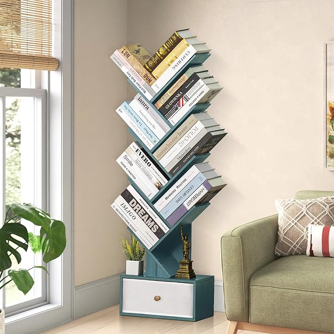 8 Tier Tree Bookshelf with Drawer, Free Standing Wood Bookcase for Narrow Space, Storage Organizer Bookshelves for Books, Book Case for Home Office, Living Room, Bedroom, Navy Blue - LeafyLoom