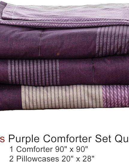 WONGS BEDDING Purple Comforter Set Queen, Reversible Purple Striped Patchwork Alternative Comforte Set for Queen Bed,3 Pieces(1 Comforter+2 Pillowcases), Soft Microfiber Bedding Set 90”×90” - LeafyLoom