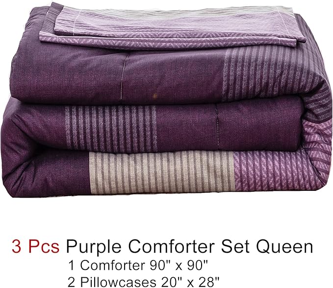 WONGS BEDDING Purple Comforter Set Queen, Reversible Purple Striped Patchwork Alternative Comforte Set for Queen Bed,3 Pieces(1 Comforter+2 Pillowcases), Soft Microfiber Bedding Set 90”×90” - LeafyLoom