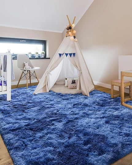 6x9 Large Area Rugs for Living Room, Super Soft Fluffy Modern Bedroom Rug, Tie-Dyed Navy Blue Indoor Shag Fuzzy Carpets for Girls Kids Nursery Room Home Decor - LeafyLoom