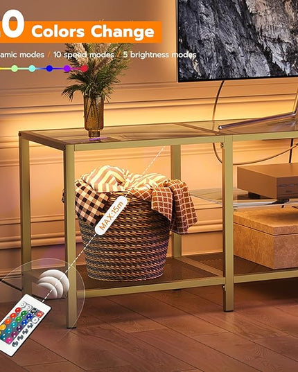 HOOBRO TV Stand with LED Lights and Power Outlets for TVs up to 75", Modern 70.9 Inch Tempered Glass TV Console Table with Open Shelves, Media Entertainment Center for Living Room, Gold GD185UDS01 - LeafyLoom