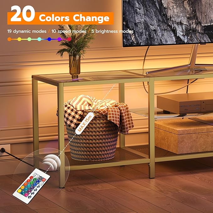 HOOBRO TV Stand with LED Lights and Power Outlets for TVs up to 75", Modern 70.9 Inch Tempered Glass TV Console Table with Open Shelves, Media Entertainment Center for Living Room, Gold GD185UDS01 - LeafyLoom
