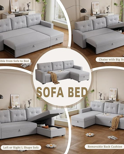 82" Sectional Sofa with Storage Chaise & Pull-Out Bed,L-Shape Convertible 3 Seater Couch W/Tufted Backrest,Reversible Sleeper for Living Room Apartment Office, Light Gray3 - LeafyLoom