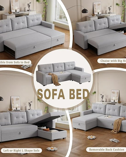 82'' L Shape Sectional Sleeper Sofa with Pull Storage Chaise,Upholstered Convertible Corner Couch Bed W/ 3 Removable Back Cushions and Armrest for Living Room,Office,Light Grey, 82" - LeafyLoom