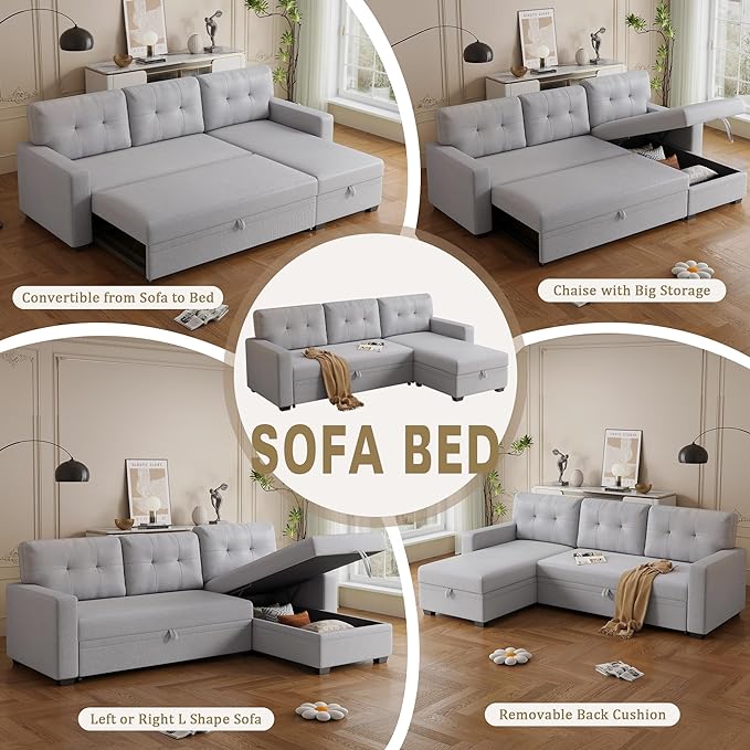 82'' L Shape Sectional Sleeper Sofa with Pull Storage Chaise,Upholstered Convertible Corner Couch Bed W/ 3 Removable Back Cushions and Armrest for Living Room,Office,Light Grey, 82" - LeafyLoom
