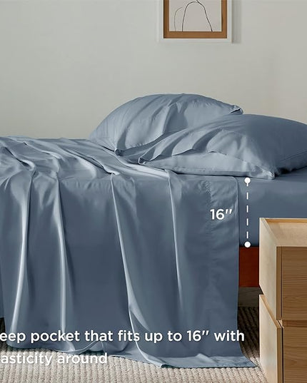 Bedsure Queen Sheets, Rayon Derived from Bamboo, Queen Cooling Sheet Set, Deep Pocket Up to 16", Breathable & Soft Bed Sheets, Hotel Luxury Silky Bedding Sheets & Pillowcases, Mineral Blue - LeafyLoom