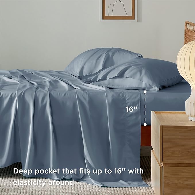 Bedsure Queen Sheets, Rayon Derived from Bamboo, Queen Cooling Sheet Set, Deep Pocket Up to 16", Breathable & Soft Bed Sheets, Hotel Luxury Silky Bedding Sheets & Pillowcases, Mineral Blue - LeafyLoom