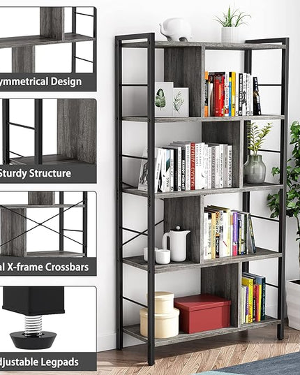 armocity Bookshelf, 5 Tier Tall Modern Bookcase Wood Metal Frame Standing Book Shelf, Display Bookshelves Storage Organizer for Bedroom Living Room Home Office, Grey - LeafyLoom