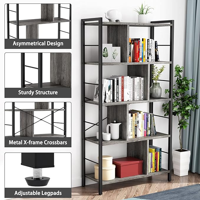 armocity Bookshelf, 5 Tier Tall Modern Bookcase Wood Metal Frame Standing Book Shelf, Display Bookshelves Storage Organizer for Bedroom Living Room Home Office, Grey - LeafyLoom