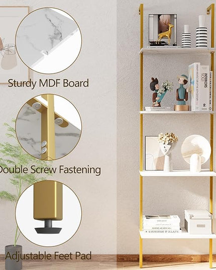 Ladder Shelf 4 Tiers Metal Industrial Bookshelf,White Marble Wood Tall Open Storage Rack and Display Shelves,Wall Mount Wide Book Case for Home Office Bedroom,Small - LeafyLoom