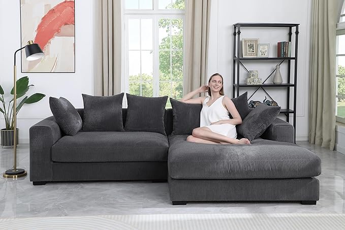 110" Modern L-shaped Sectional Sofa with Big Chaise,Upholstered Sleeper Couch W/ 6 Throw Pillows & Generously Armrests,Easy Assembly,Spacious Loveseat for Living Room Apartment Home,Dark Gray - LeafyLoom
