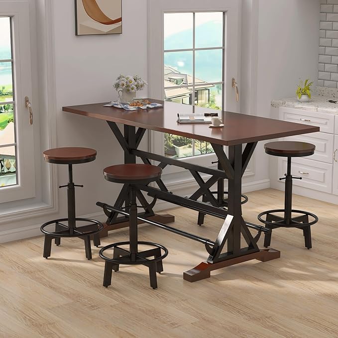 NicBex Dining Table Set for 4 Kitchen Table Set 59" Wooden Sofa Side Table with Adjustable Height Stools, Modern Bar Table and Chairs for Living Room, Dining Room, Espresso - LeafyLoom