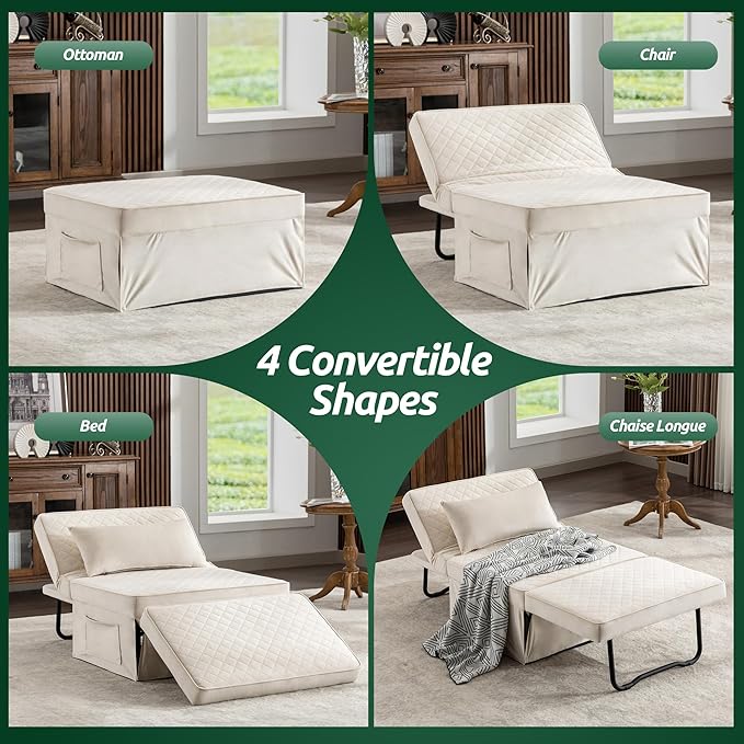 Sofa Bed, 4 in 1 Multi-Function Folding Ottoman Breathable Velvet Couch Bed with Adjustable Backrest Modern Convertible Chair for Living Room Apartment Office,Squared-White - LeafyLoom