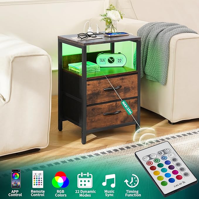 Yoobure Nightstand with Charging Station, LED Night Stand with Fabric Drawers and Storage Shelf for Bedroom, Nightstands Bedside Tables with USB Ports & Outlets, Small Night Stands, Bed Side Table - LeafyLoom