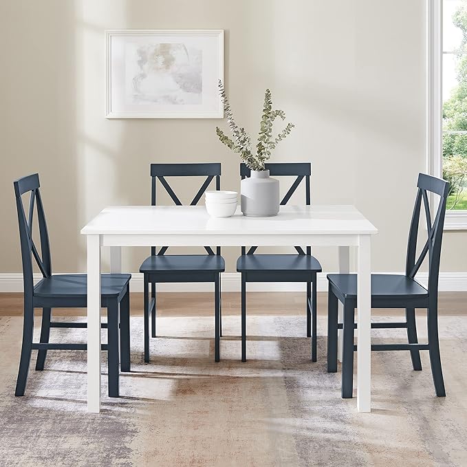 Walker Edison Bennet Bennett Farmhouse 5 Piece Table and X Back Chair Dining Set, Set of 5, Navy Blue - LeafyLoom