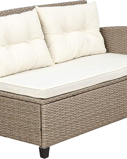 4 Piece Outdoor Patio Furniture Sets Wicker Rattan Conversation Sofa with Glass Table, Chaise Lounge and Chair for Garden Backyard, Onesize, Beige - LeafyLoom