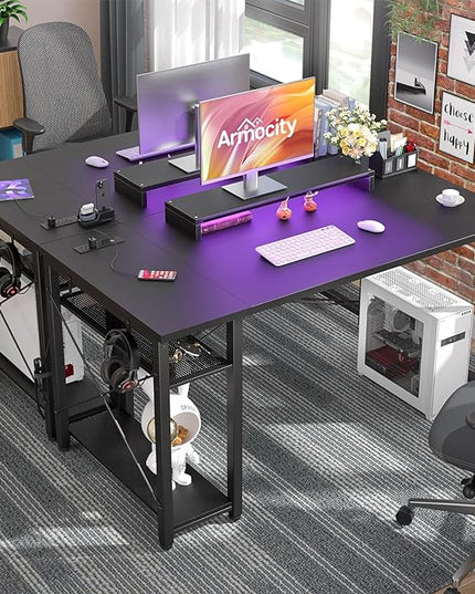 armocity Computer Desk with LED Lights, Gaming Desk with Power Outlet and USB, 40 Reversible Laptop Table with Moveable Monitor Stand, Small Desk for Small Spaces, Office, Gaming Room, Black - LeafyLoom