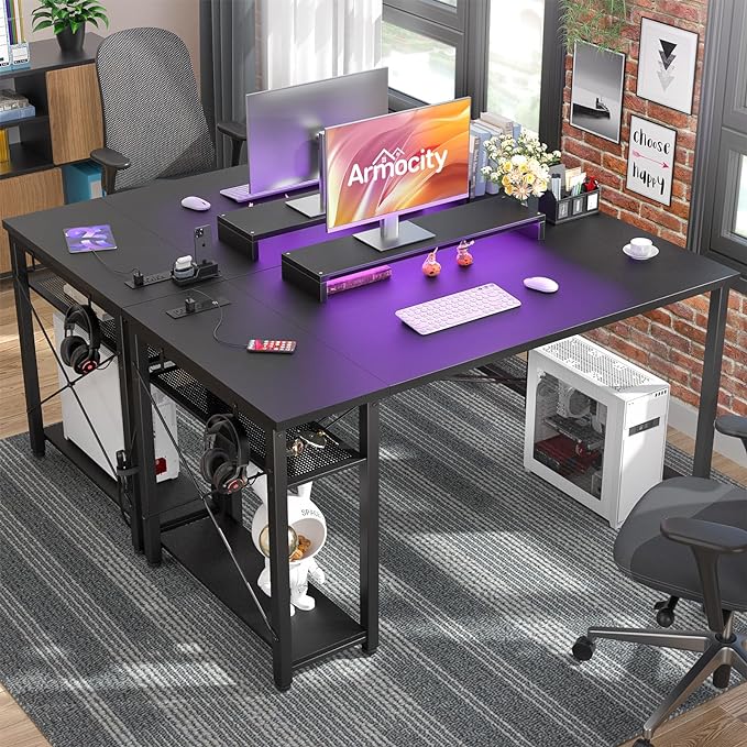 armocity 47 Gaming Computer Desk with LED Lights, Power Outlet and USB, Reversible Laptop Table with Moveable Monitor Stand for Small Spaces, Office, Gaming Room, Black - LeafyLoom