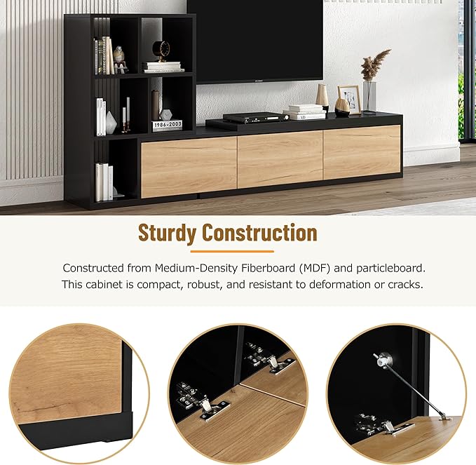 Merax Extendable TV Stand for Televisions up to 110'', Adjustable Entertainment Center with Storage Cabinets and 3 Tier Bookshelves, Sliding Tabletop Media Console for Living Room, Black - LeafyLoom