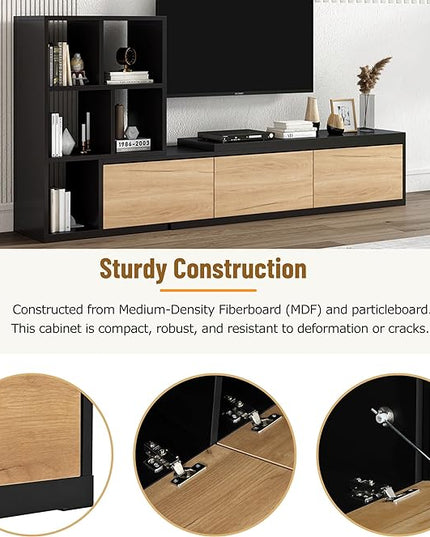 Extendable Stand with 3 Tier Bookshelves for TVs up to 110'', Adjustable Entertainment Center with Storage Cabinets, Sliding Tabletop Media Console for Living Room, Black, 126 inch Length - LeafyLoom