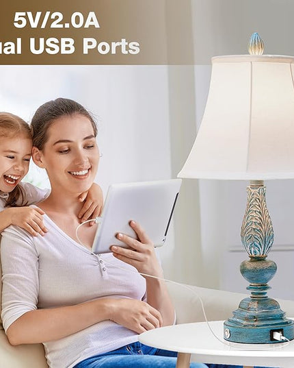 Set of 2 Touch Lamp for Bedroom Nightstand, 23.5'' Table Lamps Desk Lamps with USB Charging Port, Vintage Rustic Farmhouse Lamps for Living Room Home Office Dorm(Blue Washed Finish) - LeafyLoom