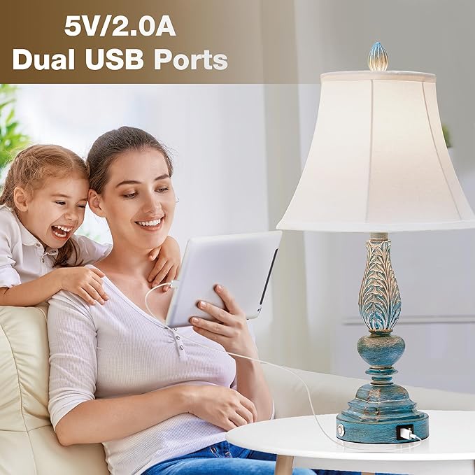 Set of 2 Touch Lamp for Bedroom Nightstand, 23.5'' Table Lamps Desk Lamps with USB Charging Port, Vintage Rustic Farmhouse Lamps for Living Room Home Office Dorm(Blue Washed Finish) - LeafyLoom