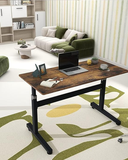 Manual Standing Desk Adjustable Height- Crank Mobile Standing Desk 55 x 24 Inches Sit Stand Desk Frame & Top, Stand Up Desk on Wheels, Computer Desk Black Frame & Rustic Brown - LeafyLoom