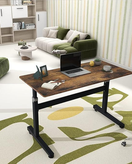 Manual Standing Desk Adjustable Height- Crank Mobile Standing Desk 48 x 24 Inches Sit Stand Desk Frame & Top, Stand Up Desk on Wheels, Computer Desk Black Frame & Rustic Brown - LeafyLoom