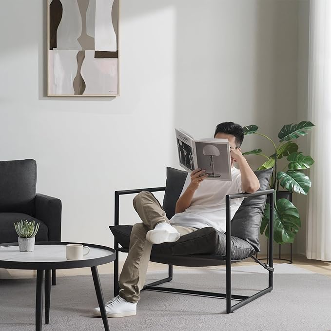 ZINUS Aidan Faux Leather Sling Accent Chair, Metal Framed Armchair with Shredded Foam Cushioning, Slate Grey - LeafyLoom