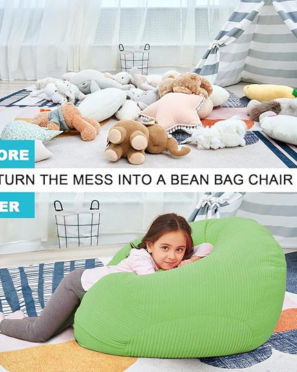 Stuffed Animal Storage Bean Bag Chair Cover for Kids, 38" Beanbag Chairs Cover Plush Toys Organizer Super Soft Corduroy with Handle and Zipper for Boys and Girls - Green - LeafyLoom