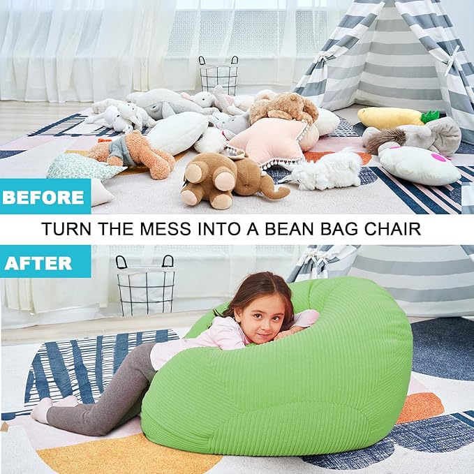 Stuffed Animal Storage Bean Bag Chair Cover for Kids, 38" Beanbag Chairs Cover Plush Toys Organizer Super Soft Corduroy with Handle and Zipper for Boys and Girls - Green - LeafyLoom